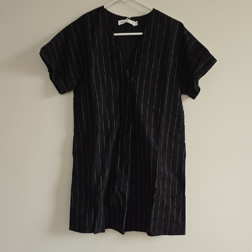 Linen Striped V-neck Shift Mini Dress